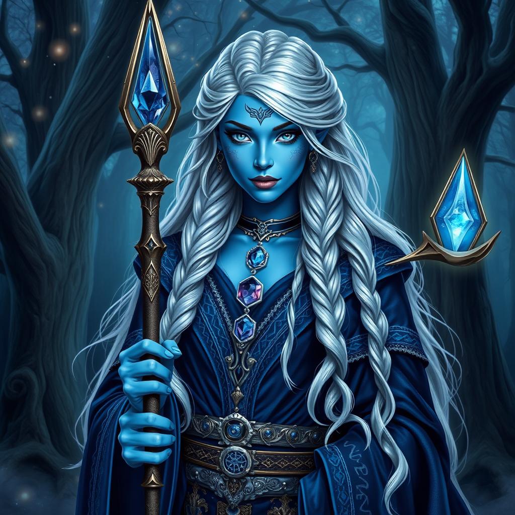 A magnificent high elf wizard with striking blue skin, showcasing elegant features typical of elven beauty