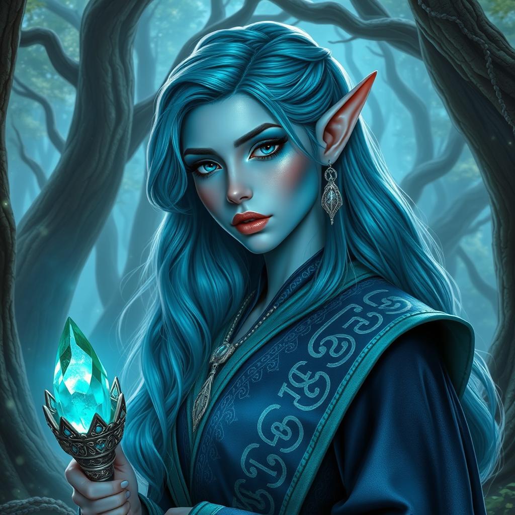A stunning high elf wizard with captivating blue skin and vibrant turquoise hair, which cascades in soft waves down her back