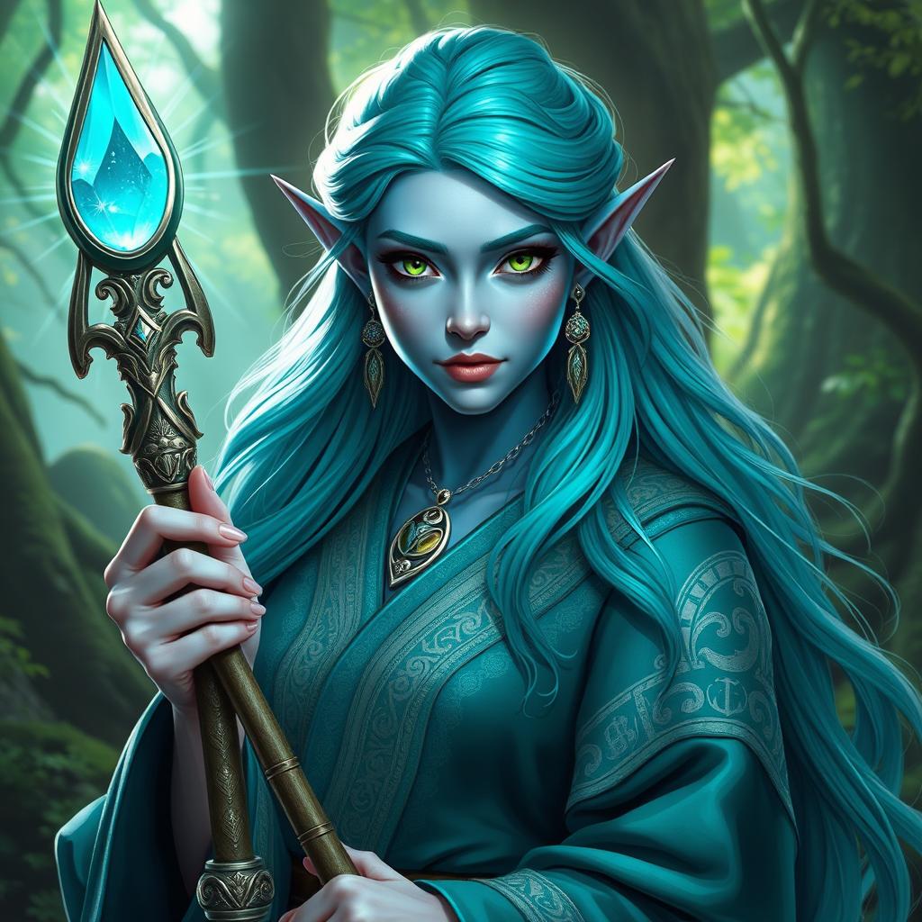 A stunning high elf wizard characterized by her enchanting blue skin and flowing turquoise hair, which cascades down her shoulders