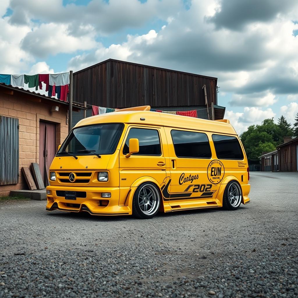 A vibrant yellow minibus with a unique tuning style, featuring modified bodywork and custom decals