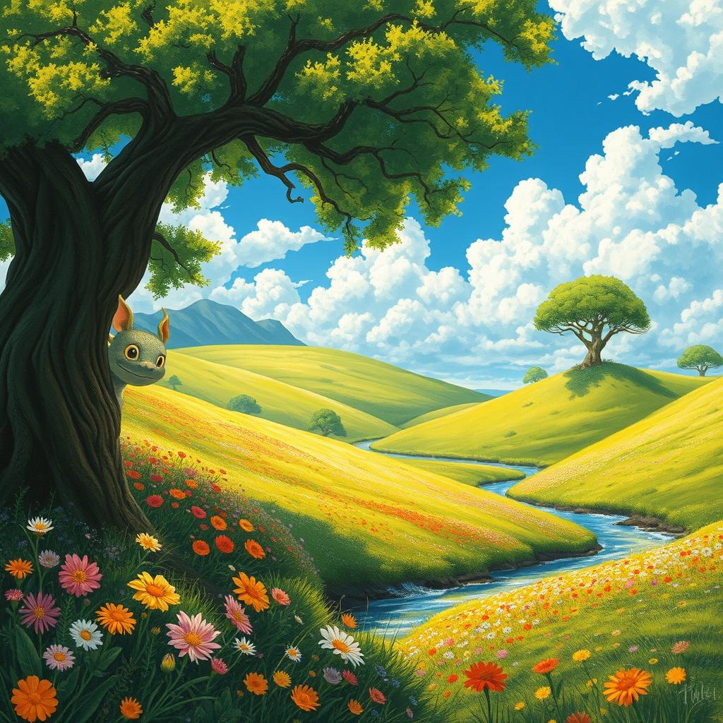 A picturesque landscape painting in the enchanting style of Studio Ghibli, depicting a lush green valley with rolling hills, vibrant wildflowers blooming in a cascade of colors, and a serene river flowing gently through the scene
