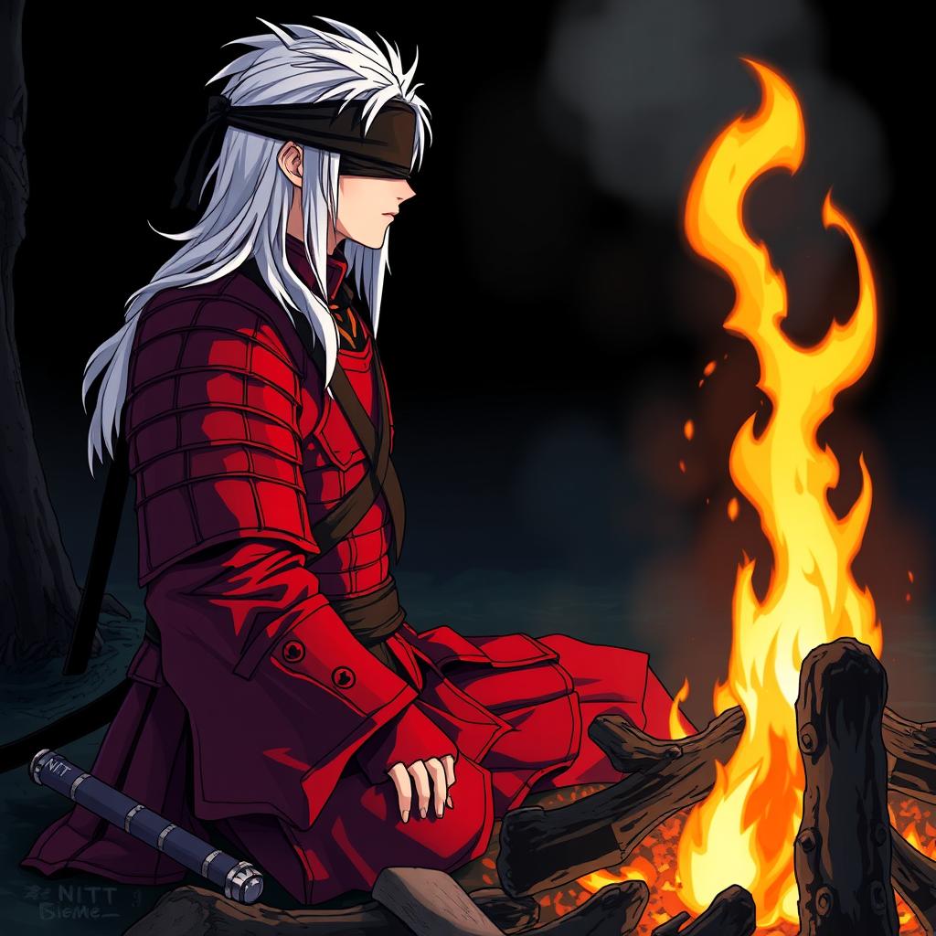 A samurai in a striking red armor with white hair, sitting by a campfire reminiscent of Dark Souls 3