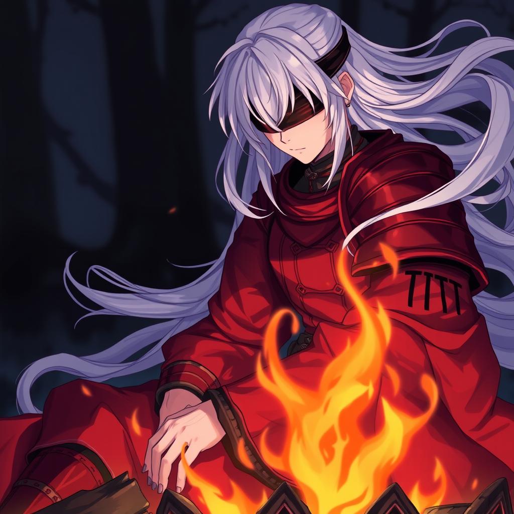 A samurai in a striking red armor with flowing white hair, seated beside a campfire inspired by Dark Souls 3