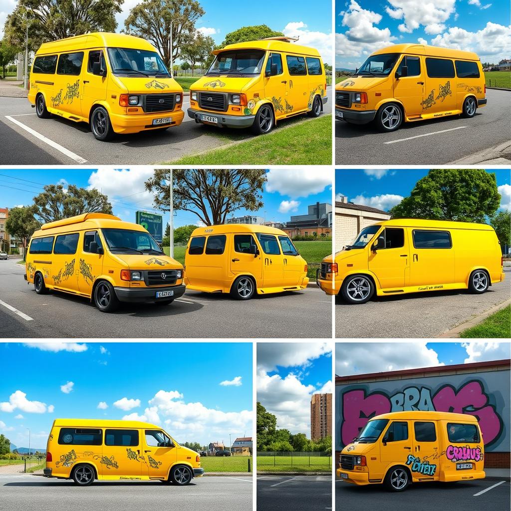 A collection of various vibrant yellow minibuses parked in different settings, showcasing their unique tuning styles