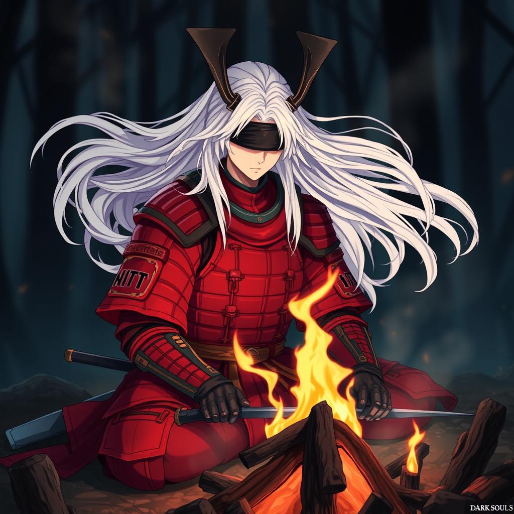 A samurai clad in a vivid red armor with flowing white hair, seated beside a campfire inspired by Dark Souls 3