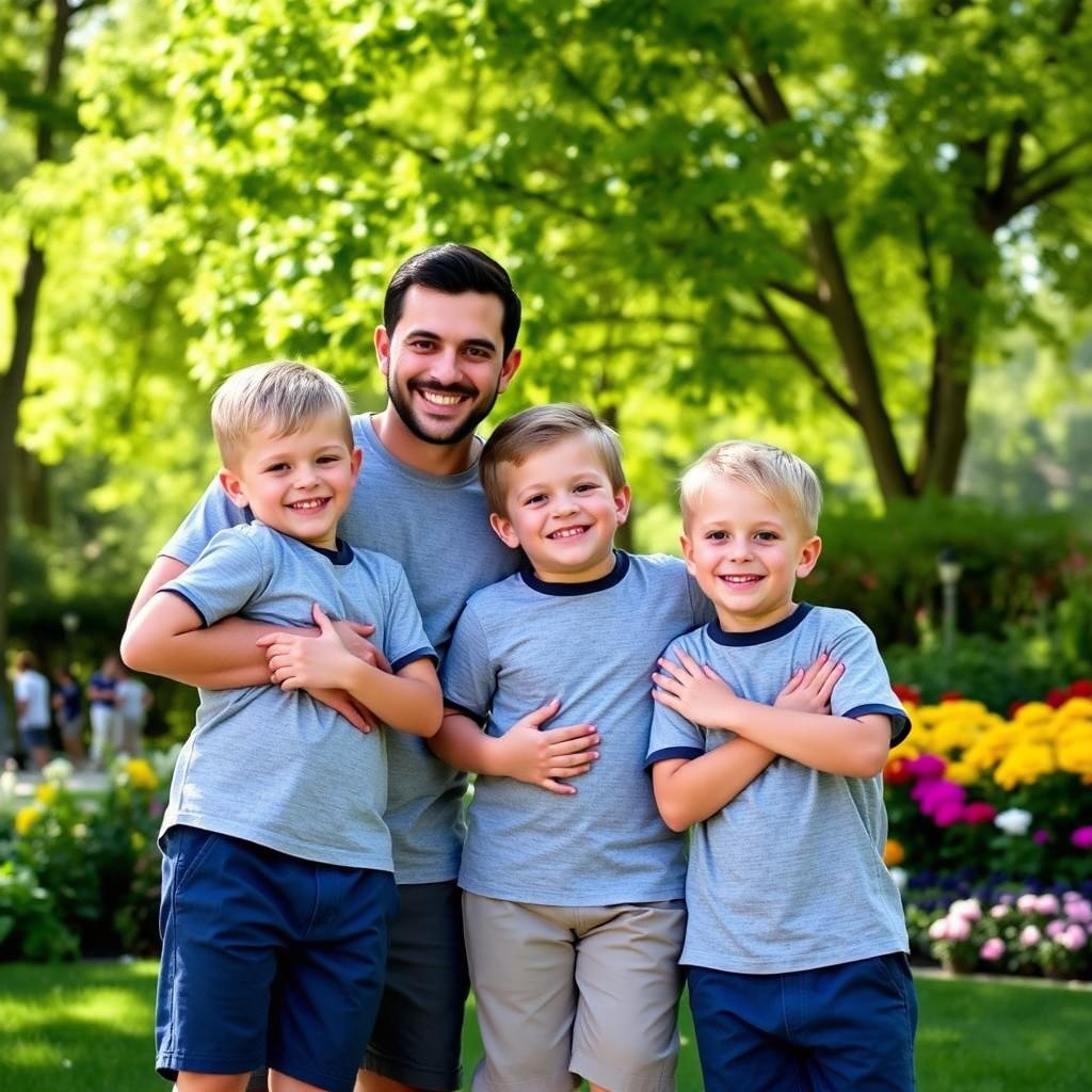 A heartwarming family photo featuring a happy couple with their two twin sons