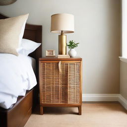 Revise the current scene to include a chamfered nightstand at the corner near a door mixed with rattan webbing. Add a slick bar stool in the space.