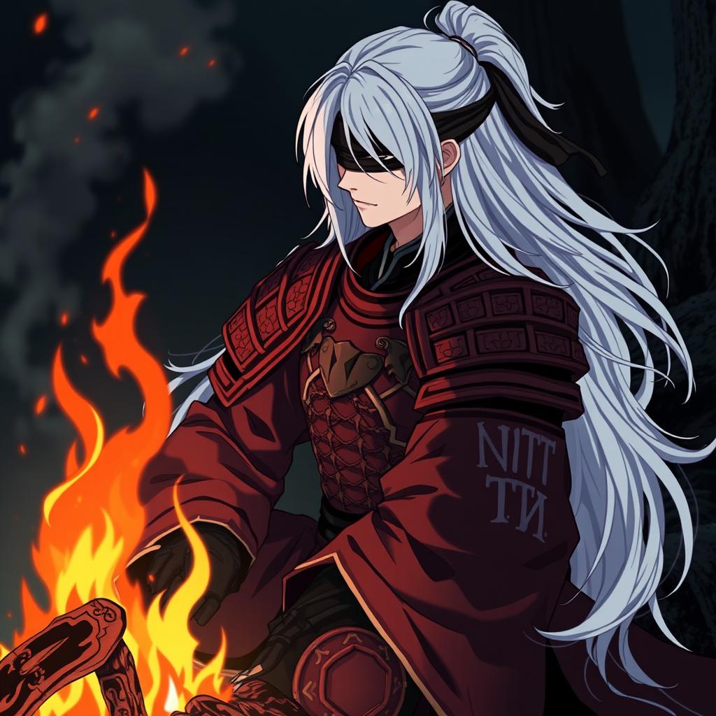 A samurai wearing elaborate red armor with flowing white hair, sitting next to a campfire inspired by Dark Souls 3