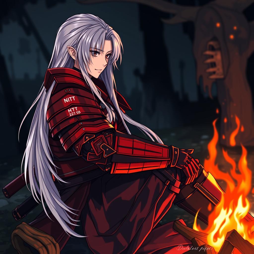 A samurai with a striking red armor and long white hair, sitting by a glowing campfire reminiscent of Dark Souls 3
