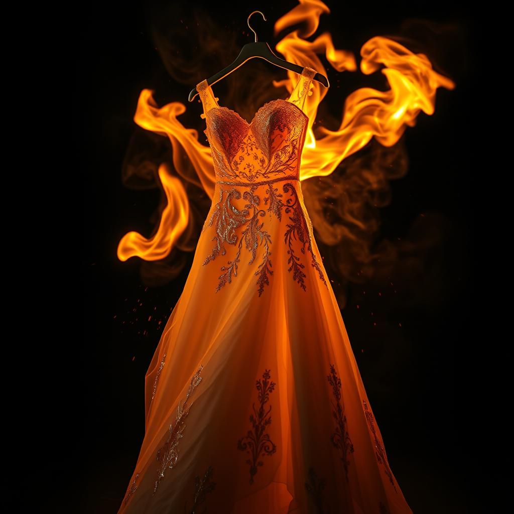 A dramatic scene depicting a wedding dress being consumed by flames, creating an intense visual of fire and smoke