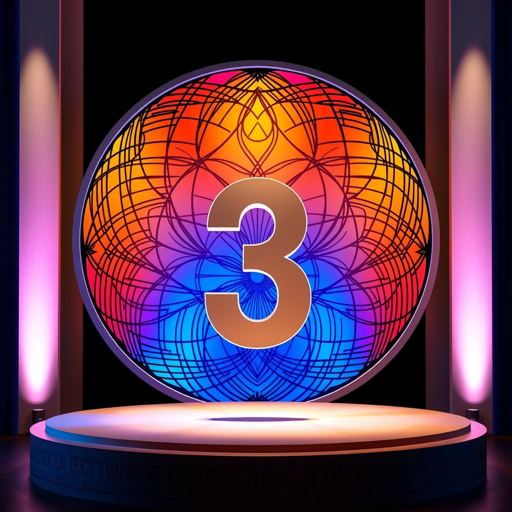 An oval shape with intricate line patterns inside, showcasing a blend of vibrant colors that create a dynamic visual