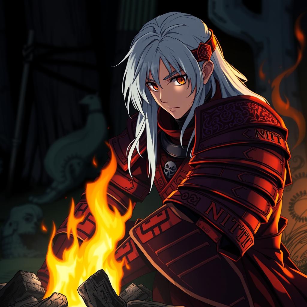 A samurai wearing a striking red armor and long white hair, sitting by a campfire reminiscent of the ambiance from the game Dark Souls 3