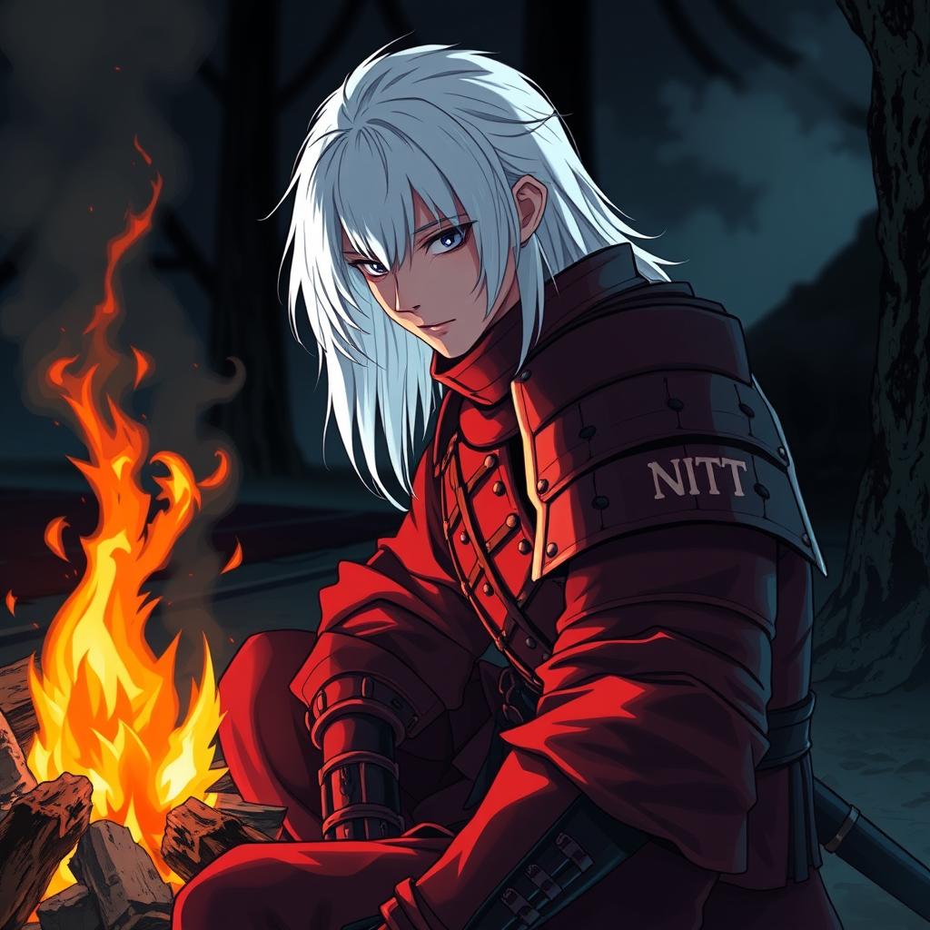 A white-haired samurai in a striking red armor, sitting beside a flickering campfire reminiscent of Dark Souls 3