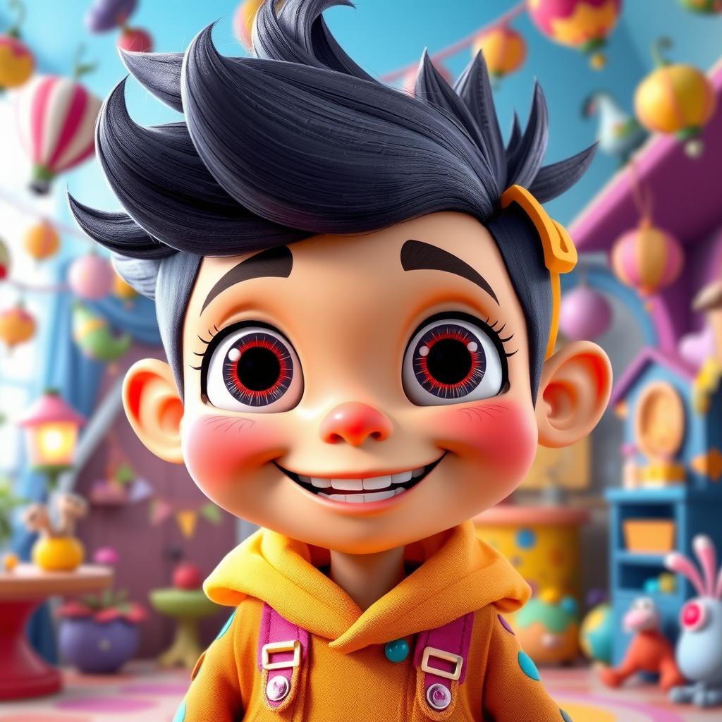 A vibrant, stylized character inspired by Pixar animation, featuring large expressive eyes, a wide friendly smile, and a colorful, playful outfit