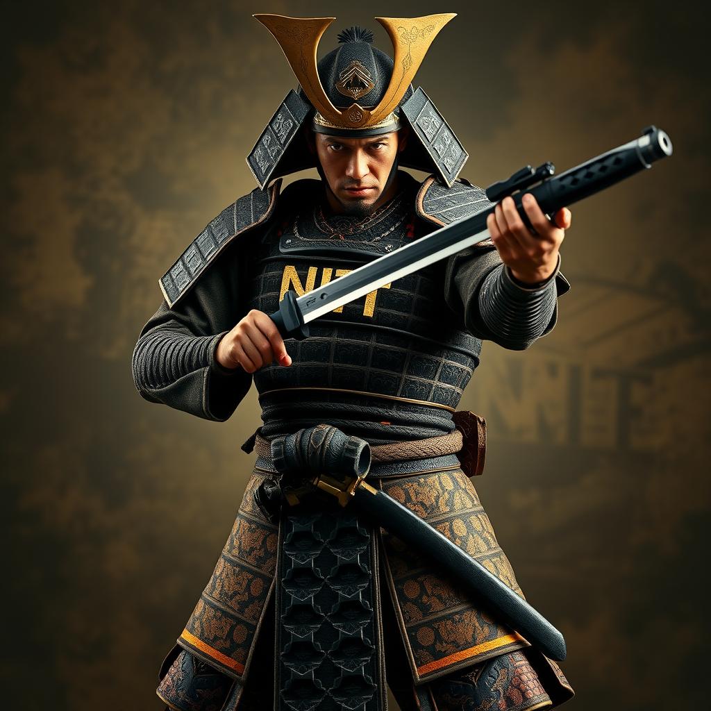 A fierce samurai standing in a dynamic pose, holding a Desert Eagle pistol in one hand and a katana in the other