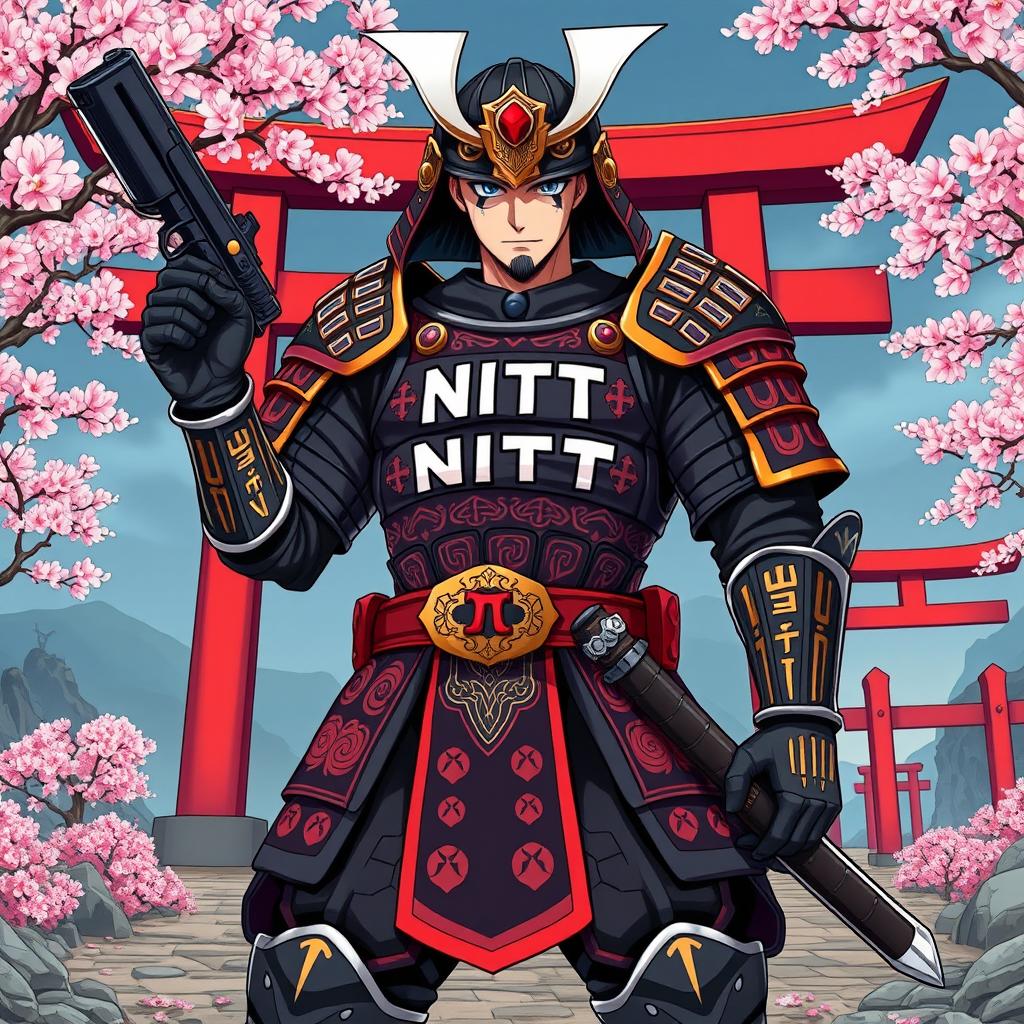 A fierce samurai character standing boldly, holding a Deagle pistol in one hand and a katana in the other