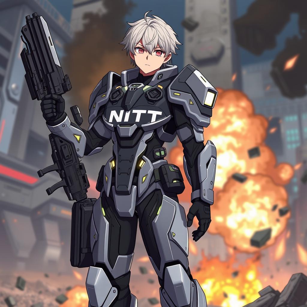 An anime-style soldier with a futuristic, sleek armored uniform prominently featuring the letters 'NITT'