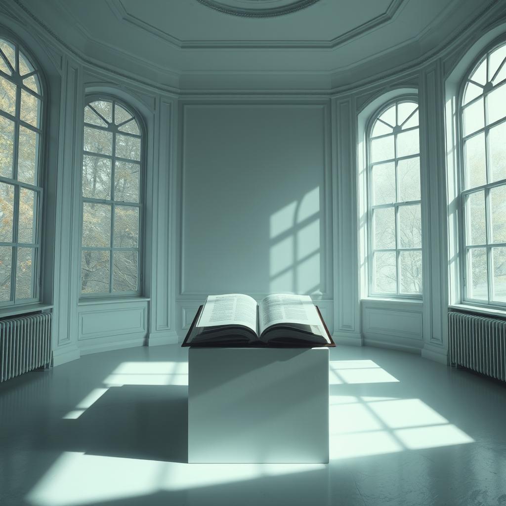 A white room with large windows, featuring an open book on a pedestal