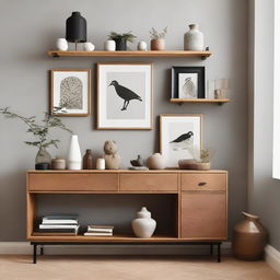 Create an image showing a captivating display of exhibition shelves filled with assorted objects of art and curiosity, alongside a neatly arranged nightstand.