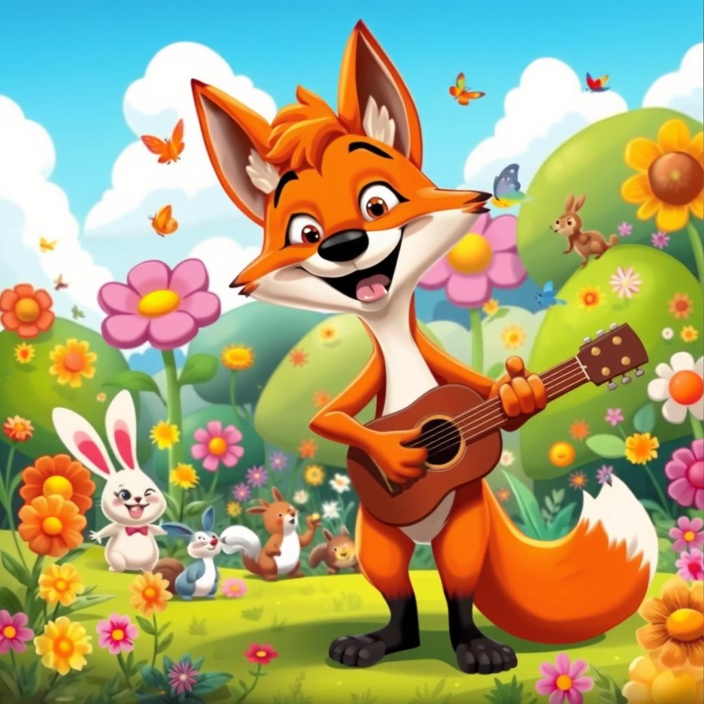 A vibrant and colorful cartoon scene featuring a whimsical forest filled with oversized flowers, playful animals like rabbits and squirrels, and a bright blue sky with fluffy white clouds