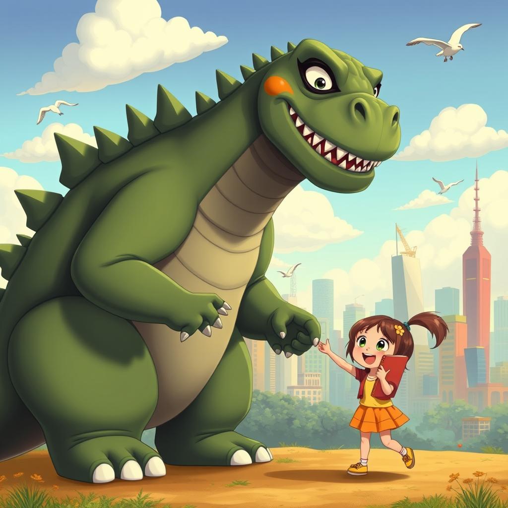 A large, charming animated Godzilla holds the hand of a little girl while giving her a notebook