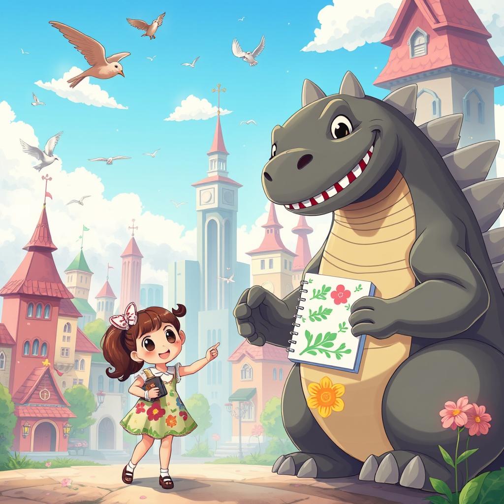 A beautifully illustrated, large, friendly animated Godzilla gently holds the hand of a little girl, presenting her with a beautifully designed notebook