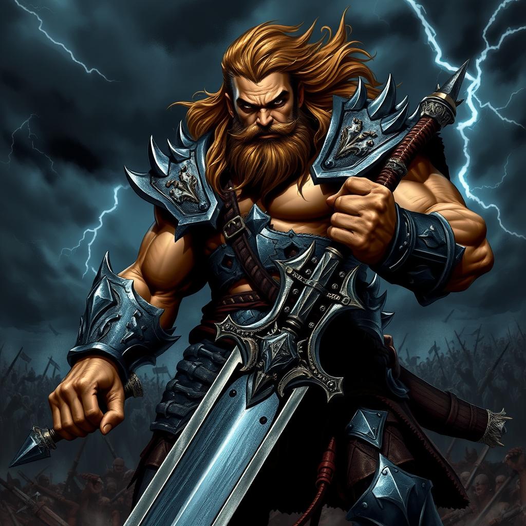 An imposing, muscular warrior in a fierce battle stance, showcasing intricate battle armor adorned with sharp edges and spikes