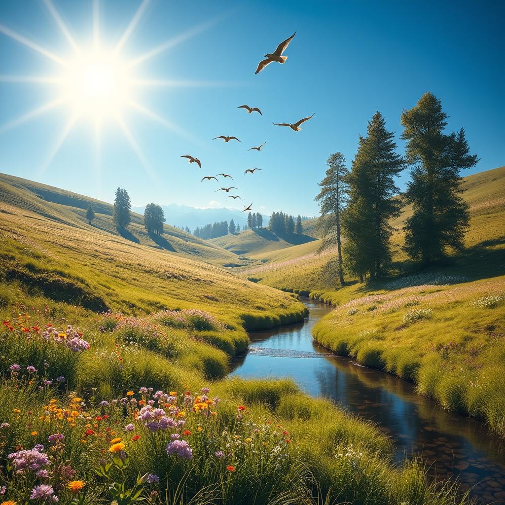 A clear and hyper-realistic image depicting a serene landscape, featuring rolling hills dotted with vibrant wildflowers under a clear blue sky
