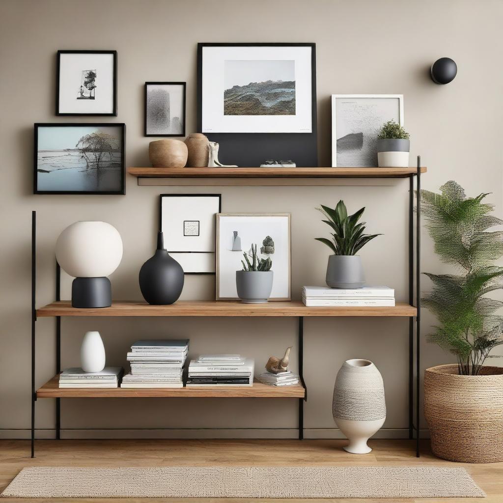 Create an image showing a captivating display of exhibition shelves filled with assorted objects of art and curiosity, alongside a neatly arranged nightstand.