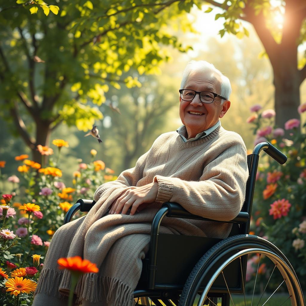A heartfelt scene depicting an elderly man in a wheelchair, sitting outside in a sunny garden surrounded by colorful flowers
