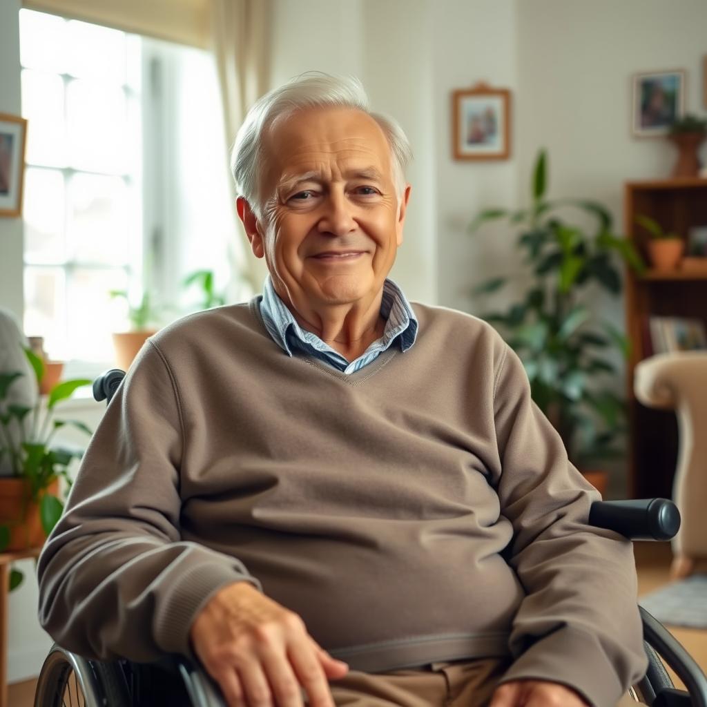 An elderly man sitting in a wheelchair in a well-lit room