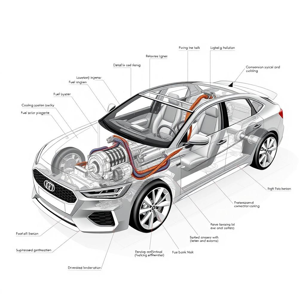 An engineering design illustration of a modern car featuring a detailed 4-cylinder internal combustion engine