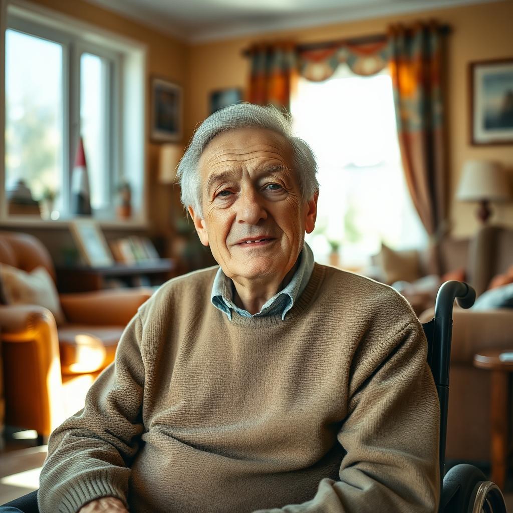 A serene portrait of an elderly man sitting in a wheelchair inside a cozy, well-lit room