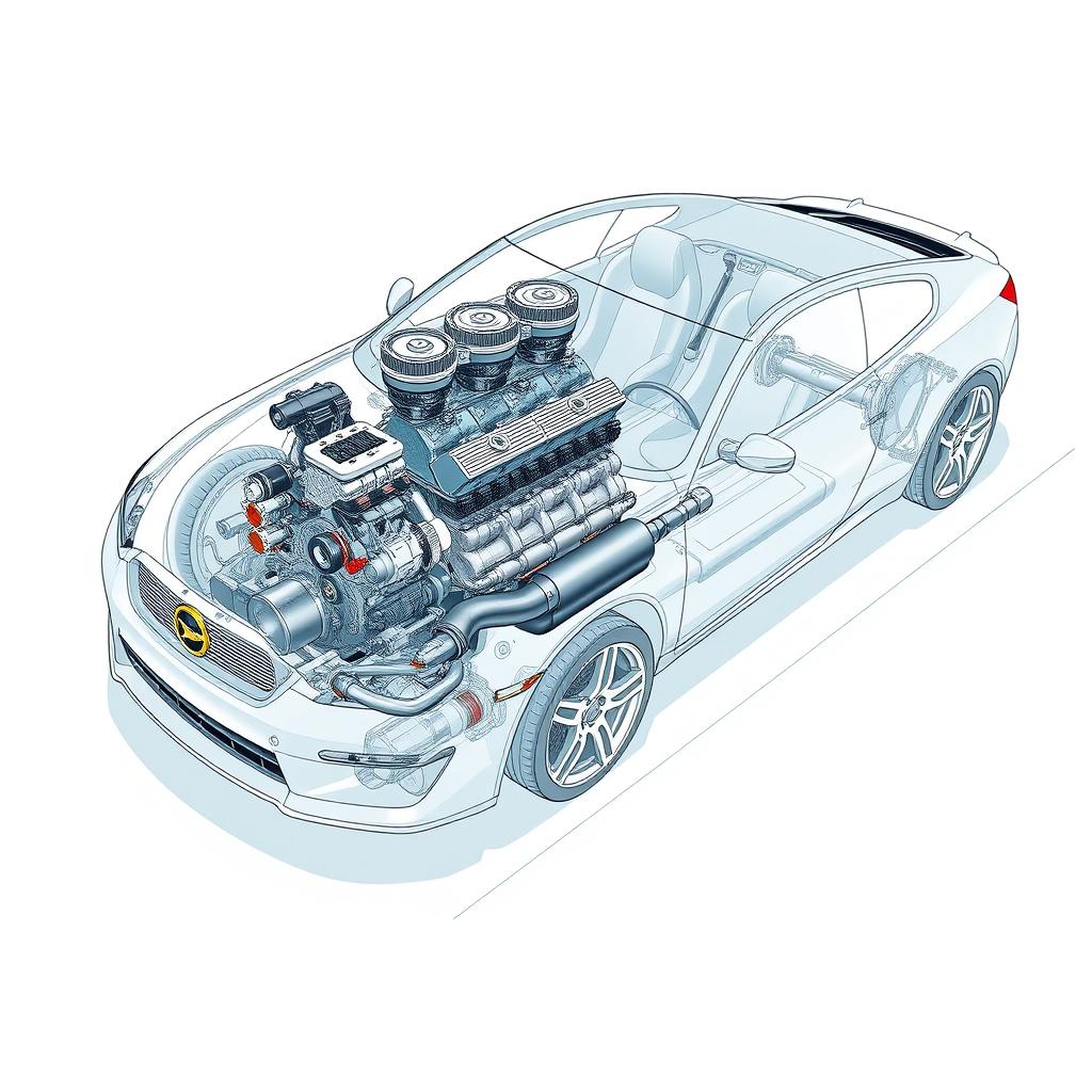 An engineering design illustration of a car featuring a detailed 4-cylinder internal combustion engine