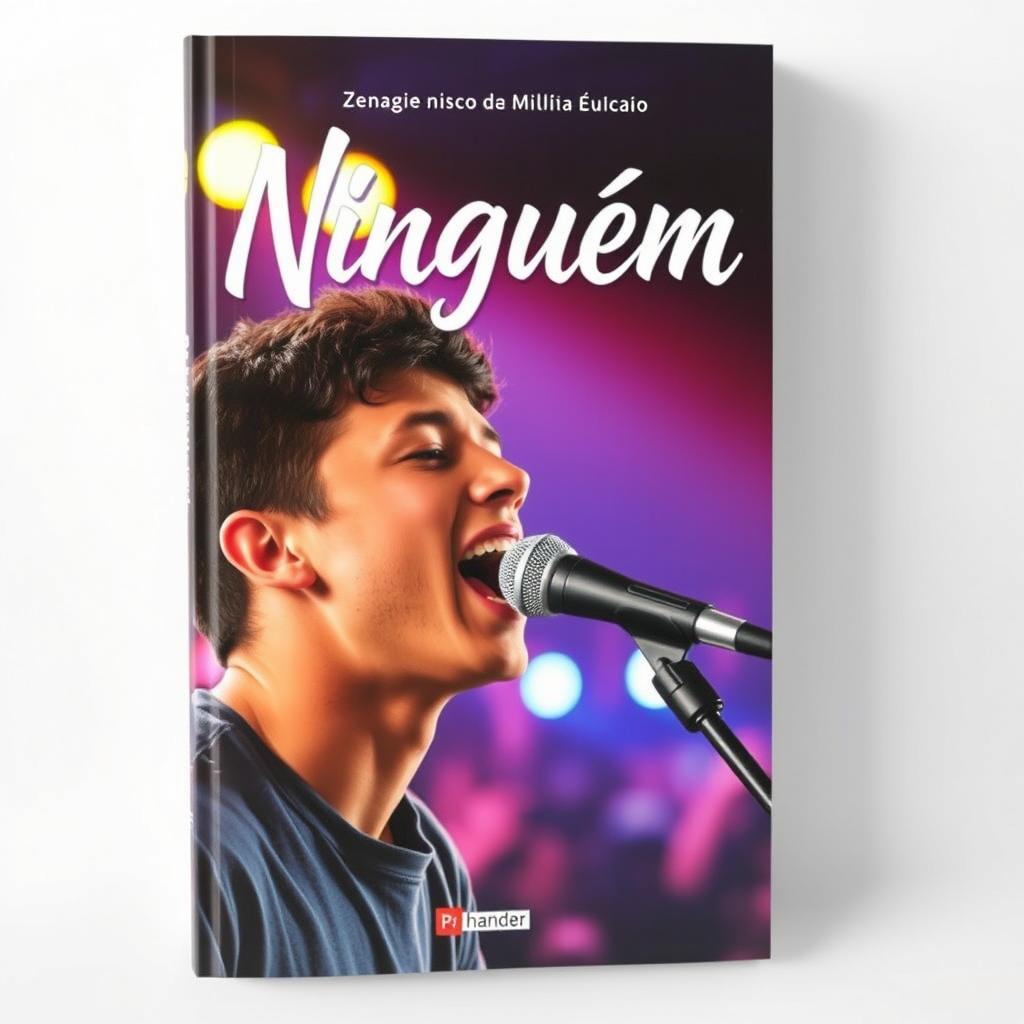 A book cover for a title in Portuguese "Ninguém", featuring a young man passionately singing into a microphone