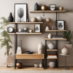 Create an image showing a captivating display of exhibition shelves filled with assorted objects of art and curiosity, alongside a neatly arranged nightstand.