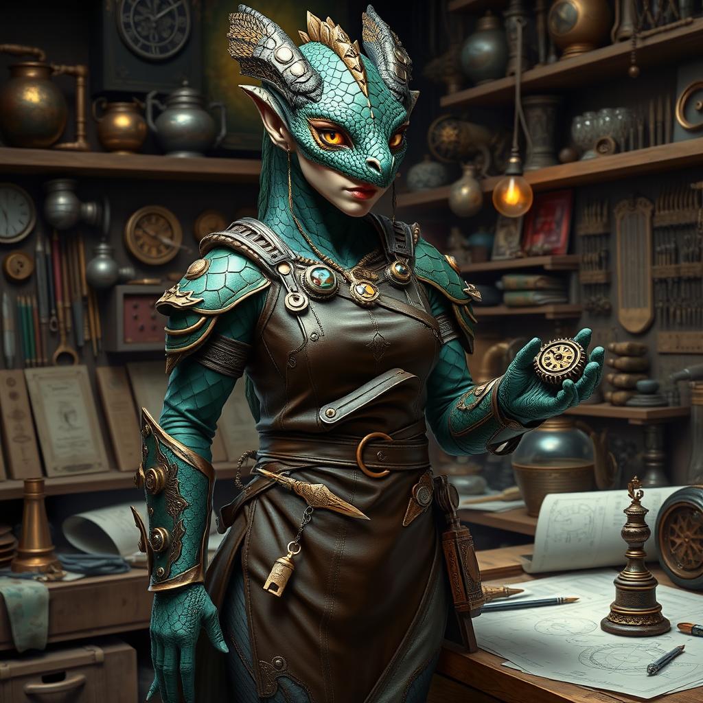 A fierce yet elegant female dragonborn artificer standing confidently in her workshop