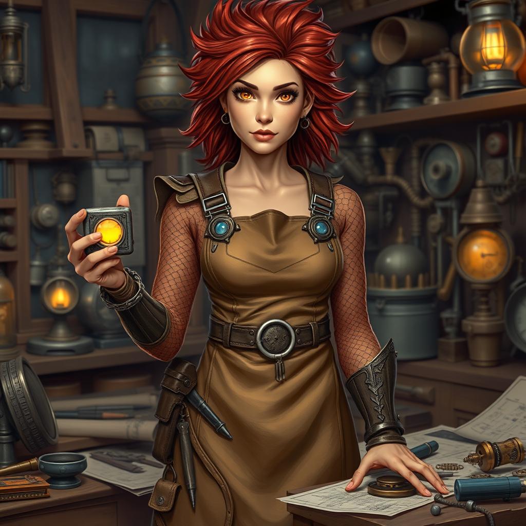 A unique female half-human, half-dragonborn artificer standing proudly in her workshop