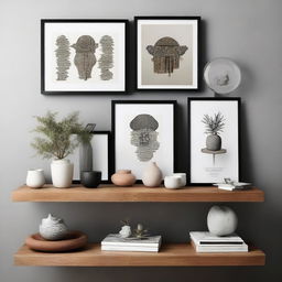 Create an image showing a captivating display of exhibition shelves filled with assorted objects of art and curiosity, alongside a neatly arranged nightstand.