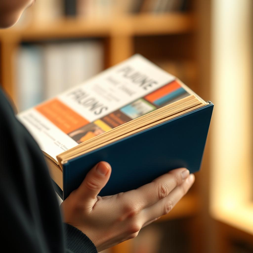 A stylish book, side profile, held open in the hands of a student