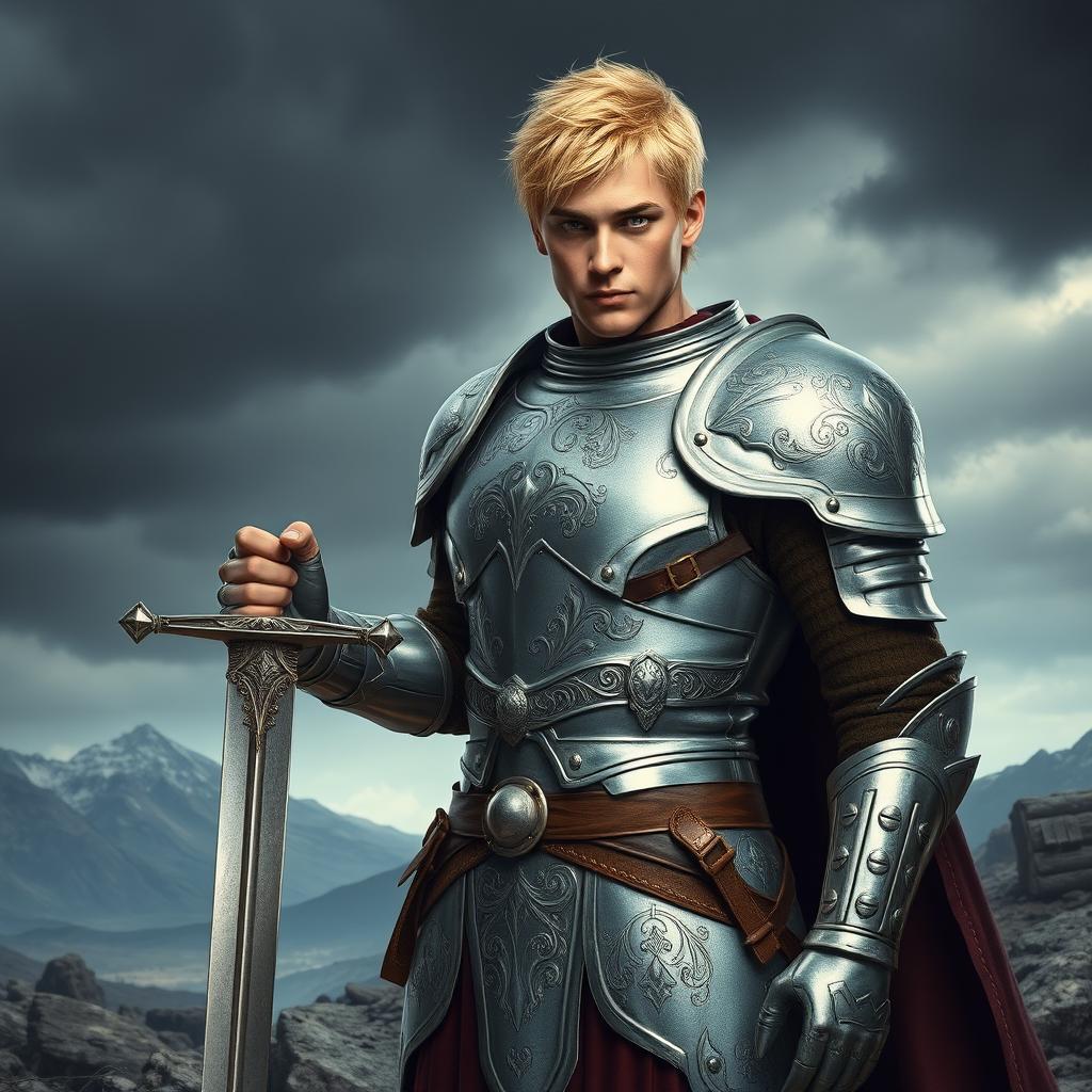 A strong and confident blonde human male clad in polished silver armor, standing heroically with a broadsword in hand