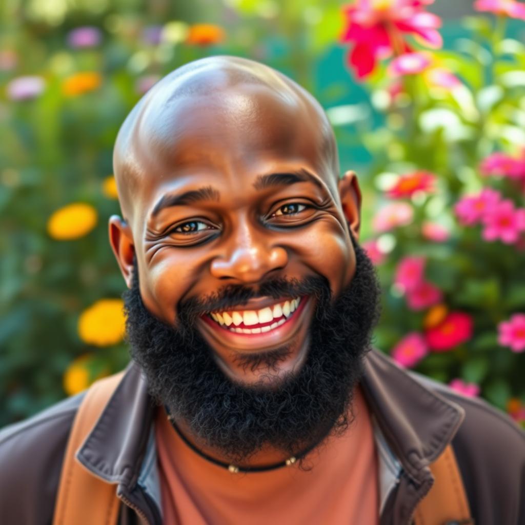 A black man with dwarfism, bald head, and a black beard, showcasing a confident and joyful expression