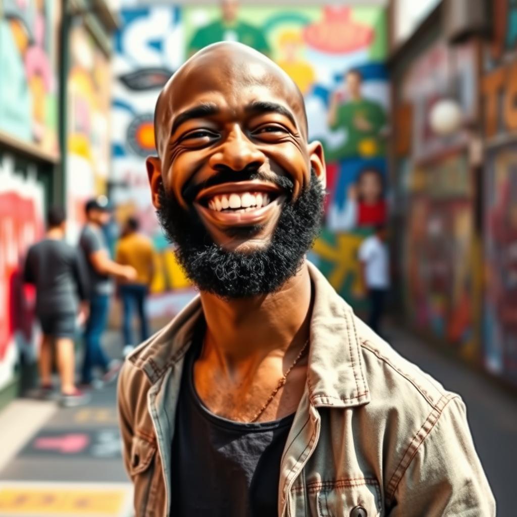A very short black man with a bald head and a black beard, standing confidently and smiling