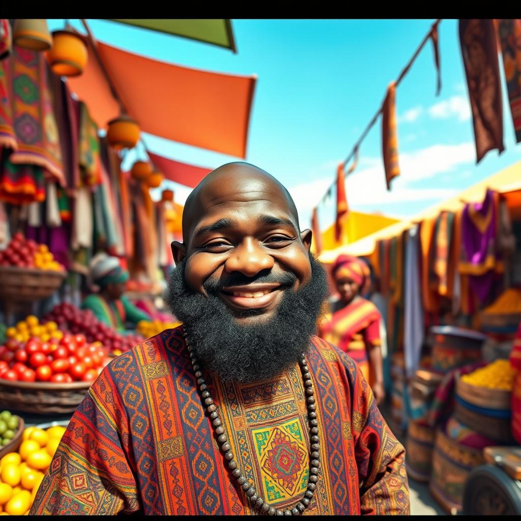 A black male dwarf with a short black beard, bald head, and warm, friendly expression