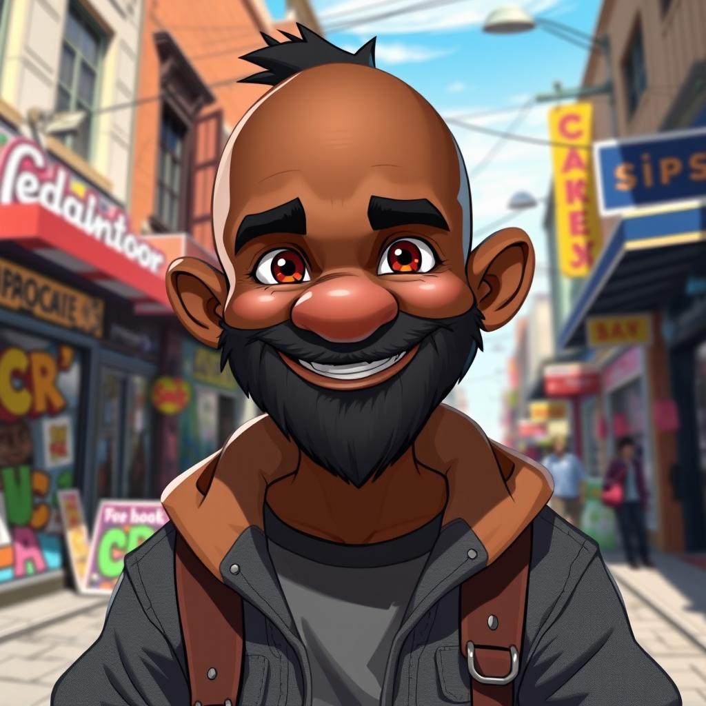 A black male dwarf with a short black beard and a bald head, showcasing a confident and friendly smile