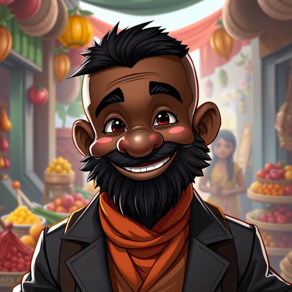 A black dwarf character with a short black beard and a bald head, radiating charm and confidence
