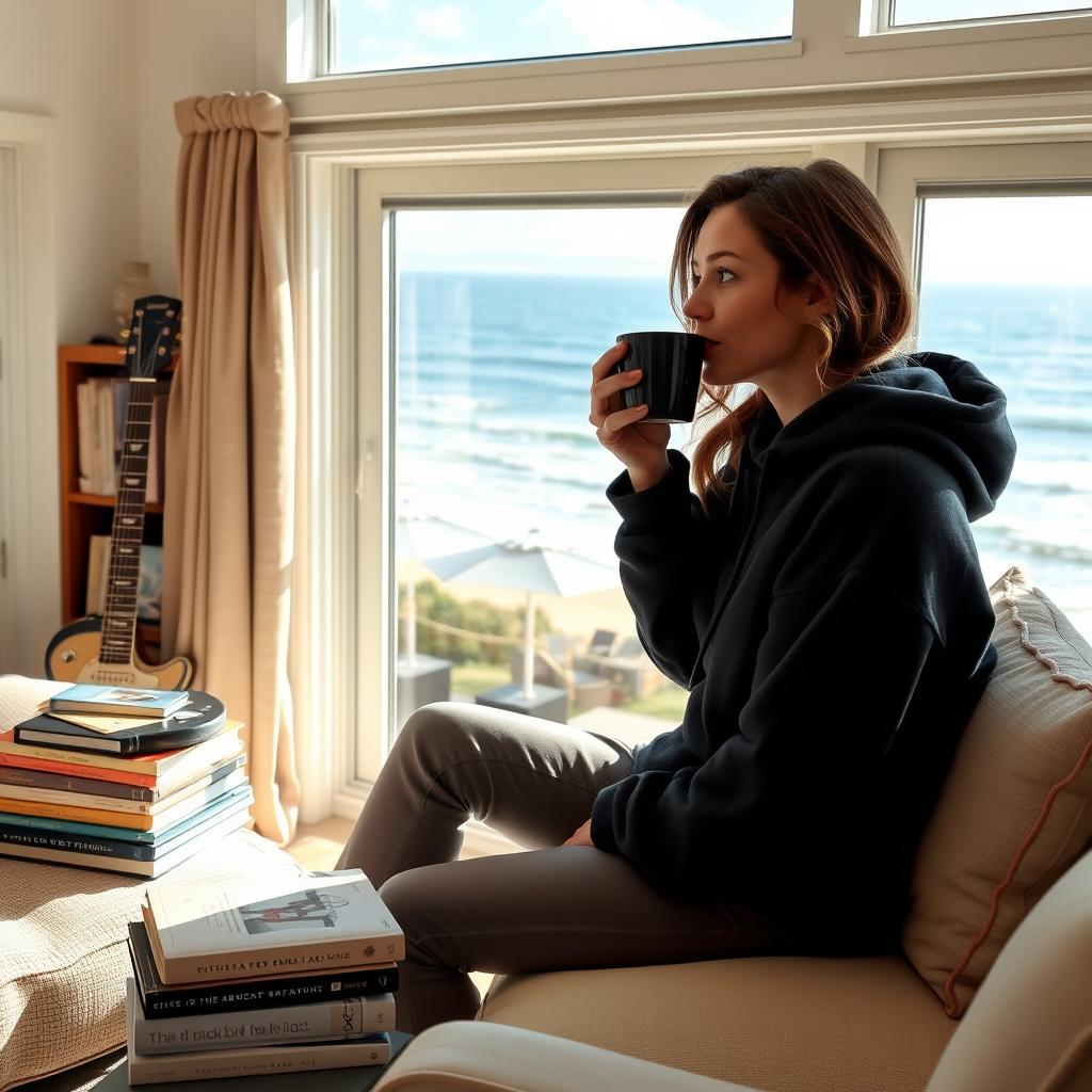 A 35-year-old woman clad in a cozy black hoodie is sitting in a seaside room, sipping coffee while surrounded by a stack of books and an electric guitar nearby