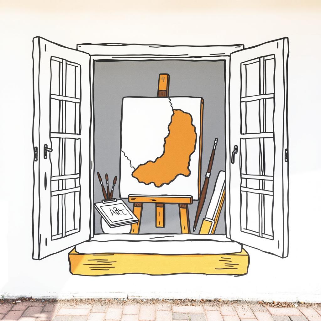 A mural designed to resemble an open window, featuring an artistic scene inside with a canvas in progress, showcasing a partially painted artwork