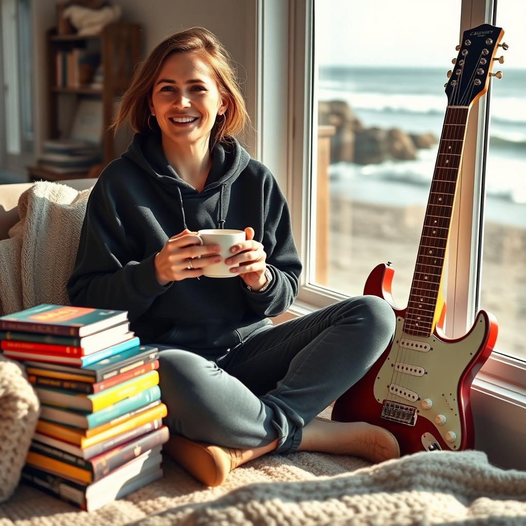 A 35-year-old woman dressed in a stylish black hoodie is sitting in a cozy seaside room, enjoying a cup of coffee