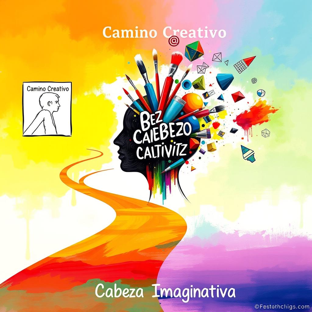 A creative pathway titled 'Camino Creativo', depicting a journey from a monochrome sketch to a vibrant digital design, illustrating the evolution of art